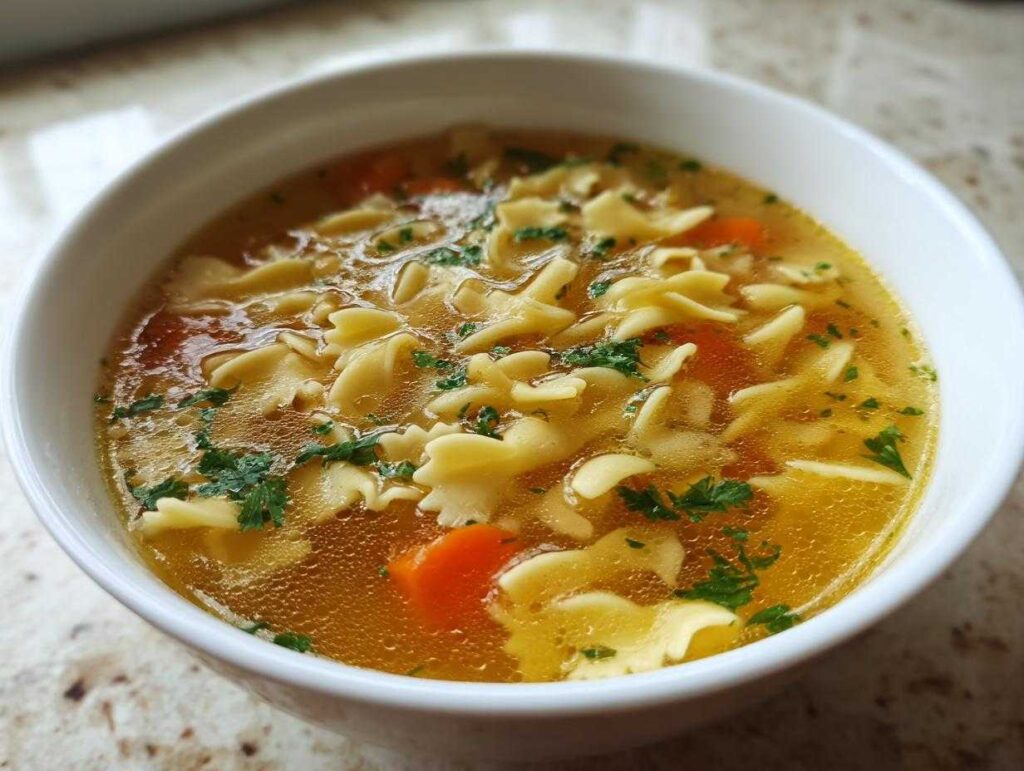Close-up of a white bowl filled with warm pastina soup, featuring small bow-tie pasta, sliced carrots, and fresh parsley.