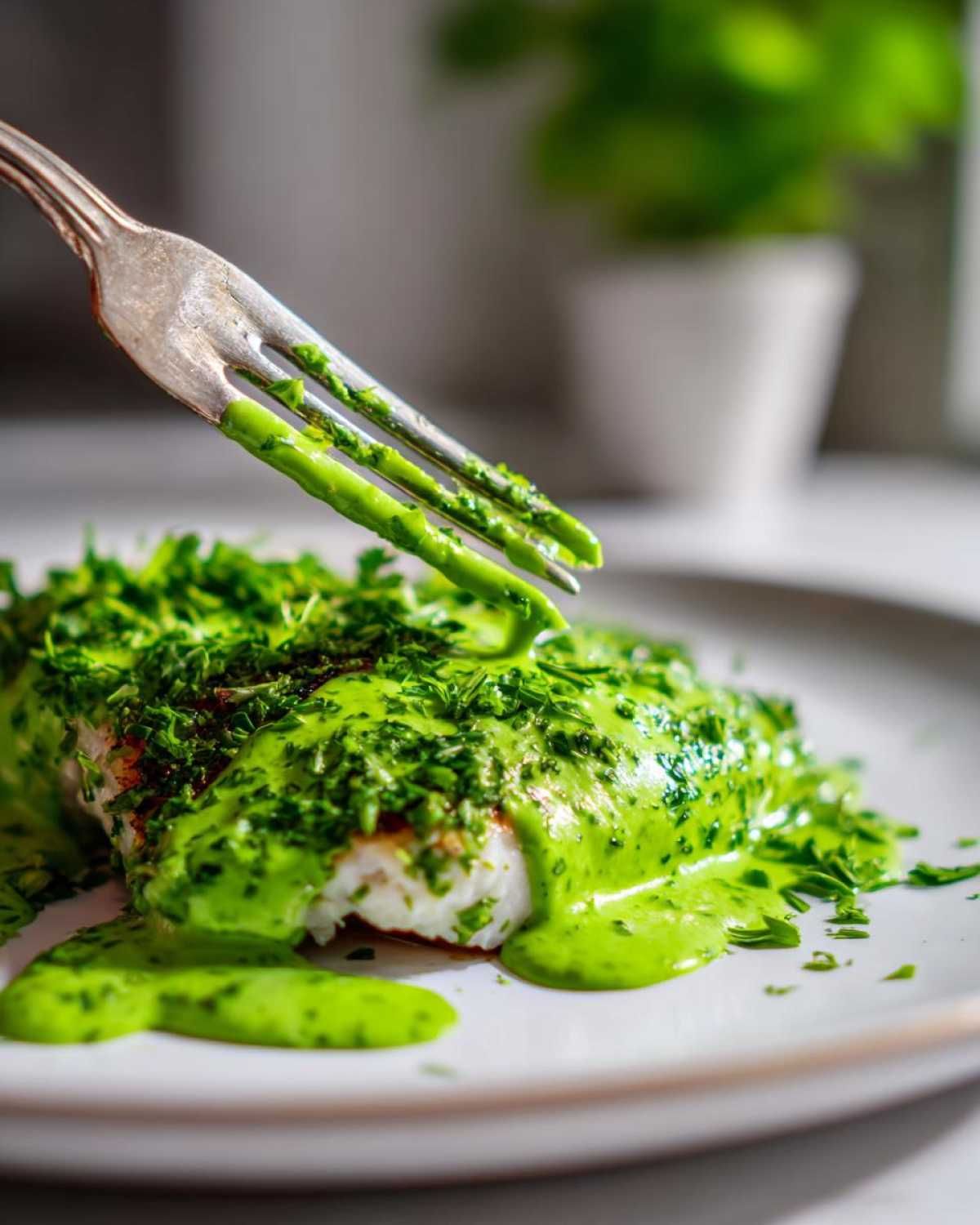 A fork dripping bright green cilantro lime sauce over a piece of white fish topped with chopped herbs.