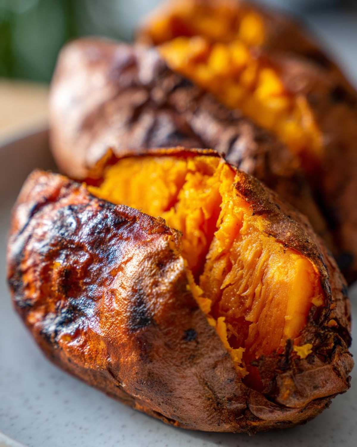 Close-up of a fluffy baked sweet potato split open, revealing bright orange flesh and charred skin.