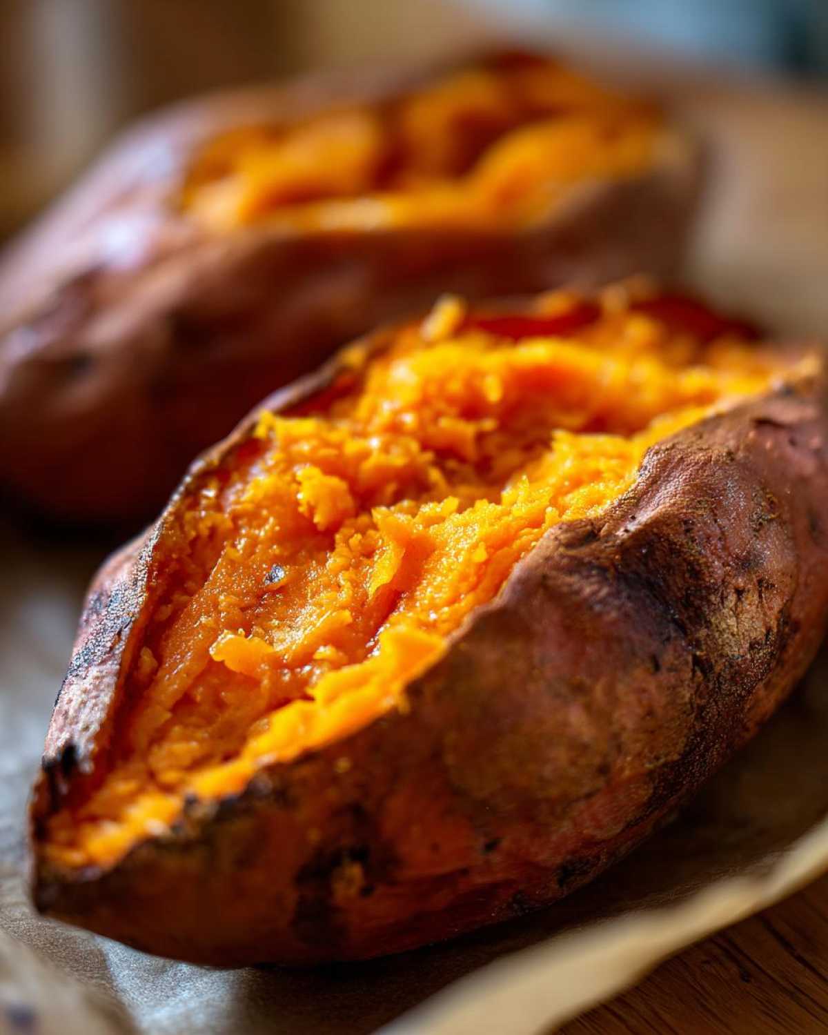 Close-up of a perfectly baked sweet potato split open, showing its fluffy, bright orange interior.