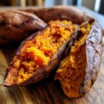 Close-up of a fluffy baked sweet potato split open, revealing bright orange, soft flesh.