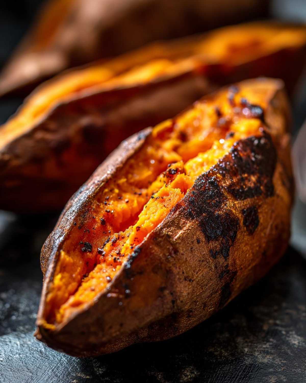 Close-up of a perfectly baked sweet potato, split open to show the fluffy, bright orange interior.