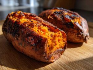 Close-up of a perfectly fluffy baked sweet potato split open, showing bright orange flesh.