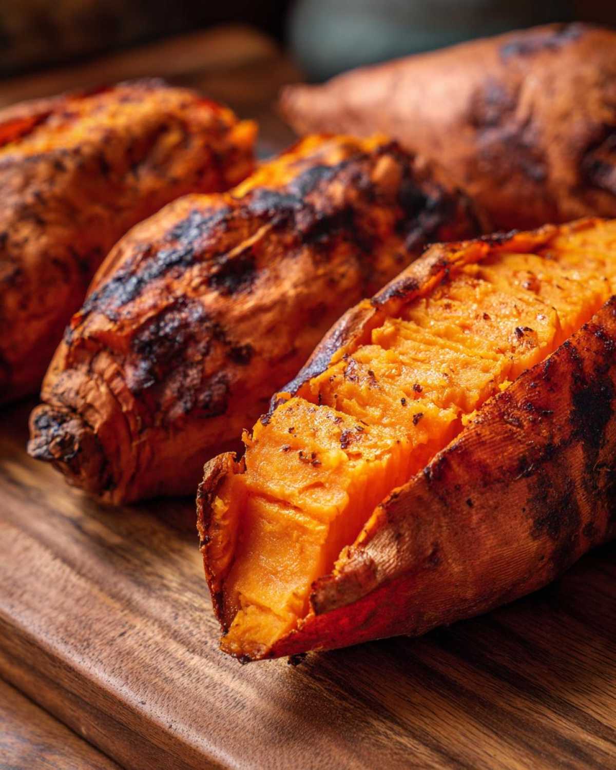 Close-up of a fluffy baked sweet potato, split open to show the vibrant orange interior.