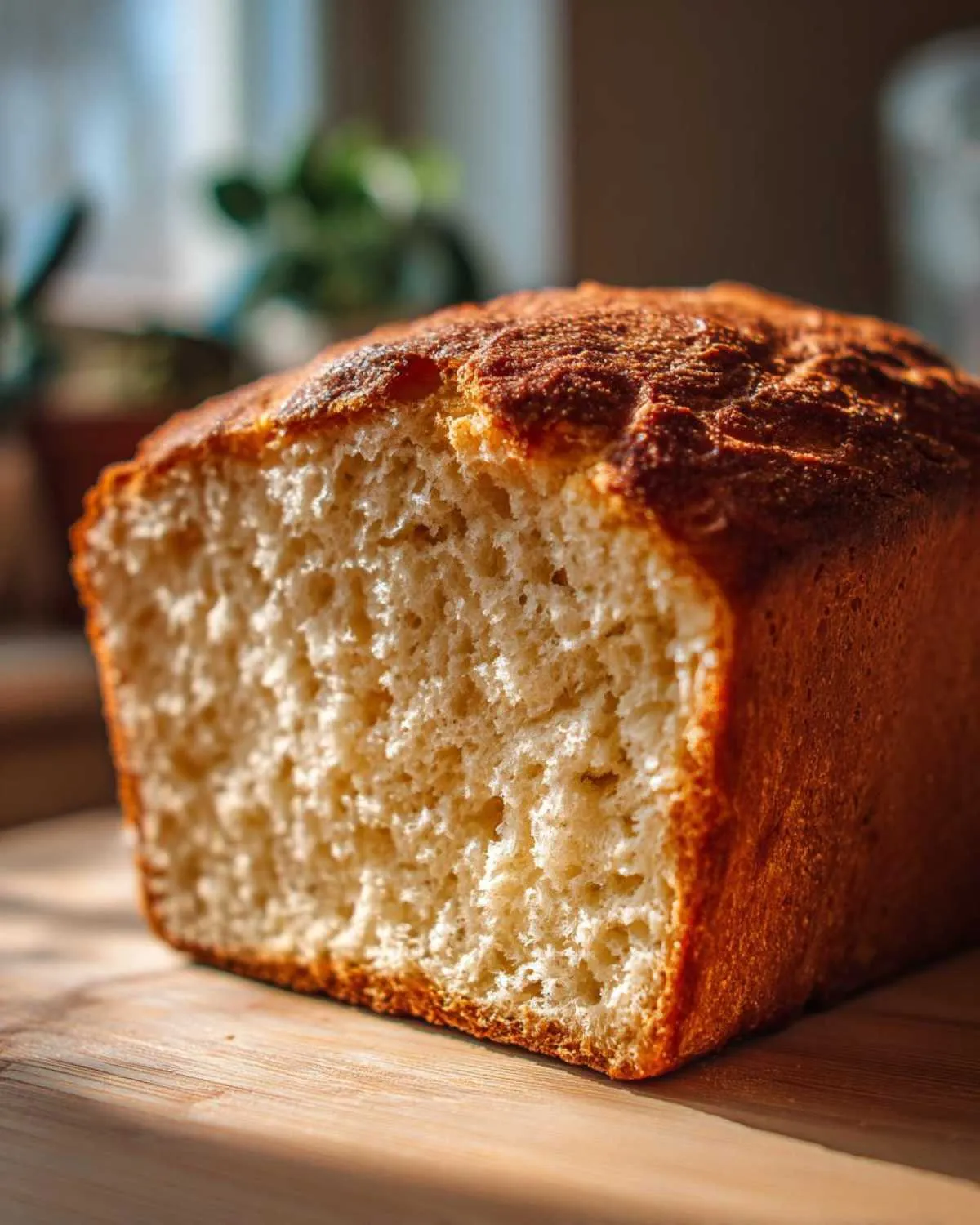 A close-up view showing the soft, airy crumb structure of freshly baked condensed milk bread with a golden-brown crust.