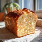 A freshly baked loaf of soft, fluffy condensed milk bread, sliced to show the airy interior.