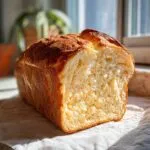A freshly baked loaf of soft, fluffy condensed milk bread, sliced to show the airy interior.