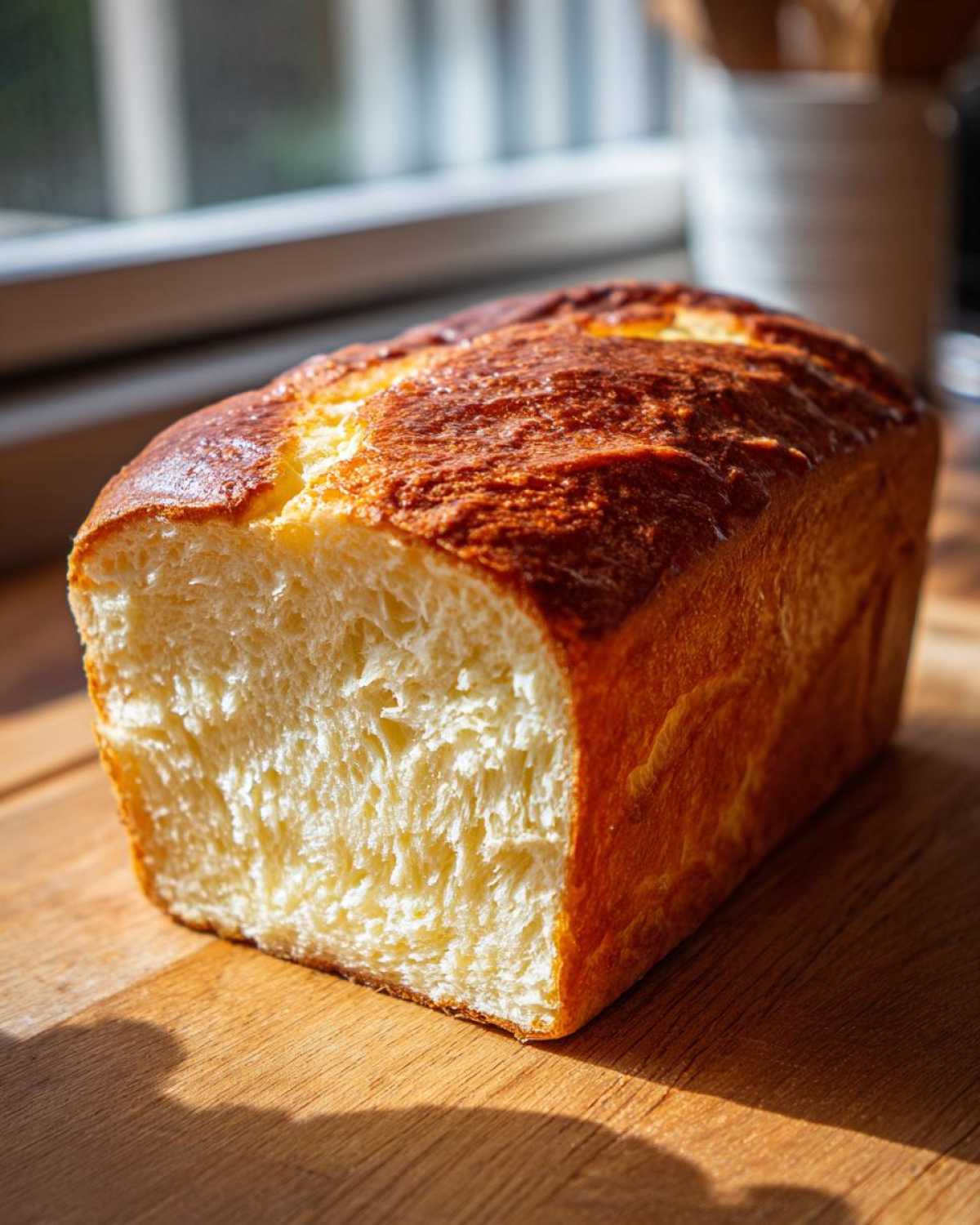 A freshly baked loaf of soft condensed milk bread, showing the fluffy interior and golden-brown crust.
