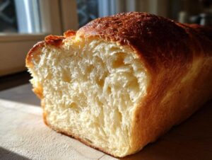Close-up of a freshly baked loaf of condensed milk bread, showing its soft, fluffy interior and golden-brown crust.