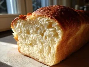 Close-up of a freshly baked loaf of condensed milk bread, showing its soft, fluffy interior and golden-brown crust.