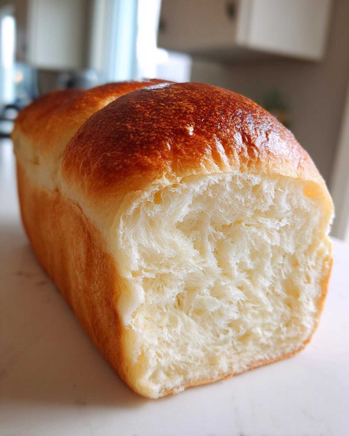 Close-up of a freshly baked japanese milk bread loaf showing its incredibly soft, fluffy, and stringy interior crumb.
