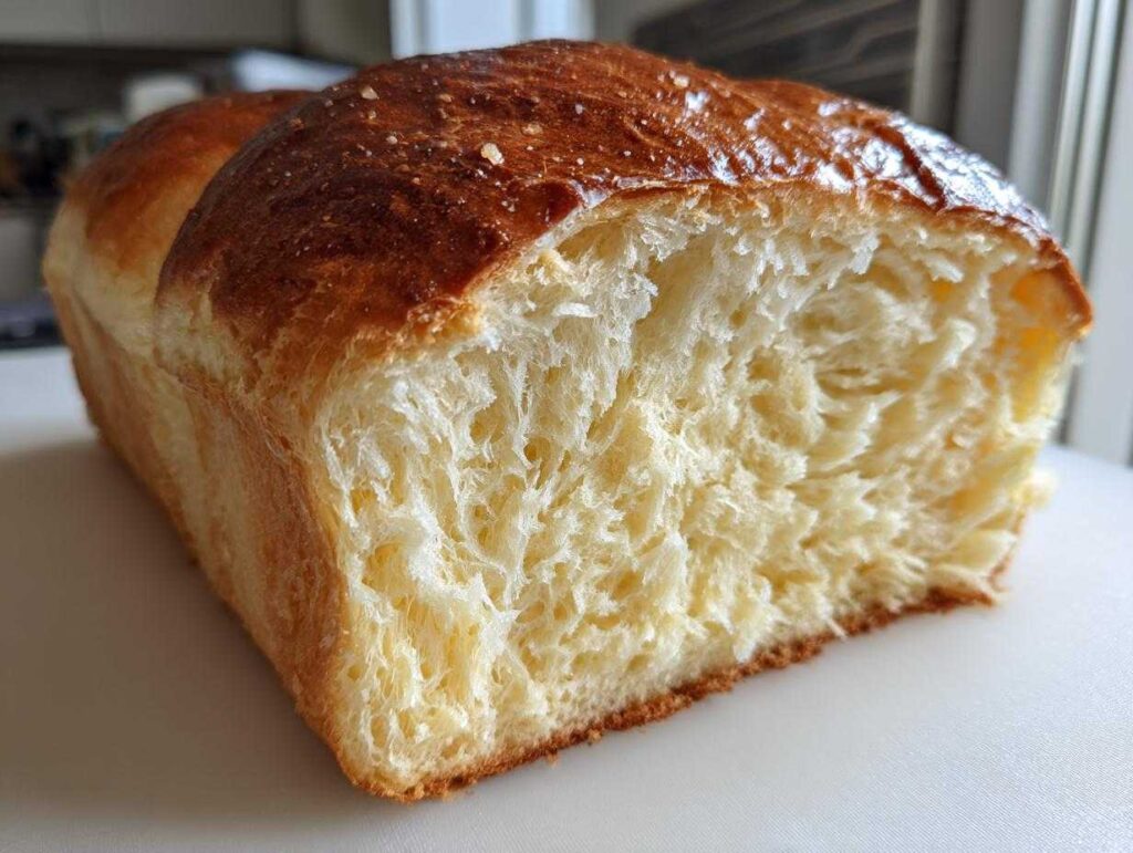 Close-up of a freshly baked japanese milk bread loaf showing its incredibly soft, stringy crumb texture.