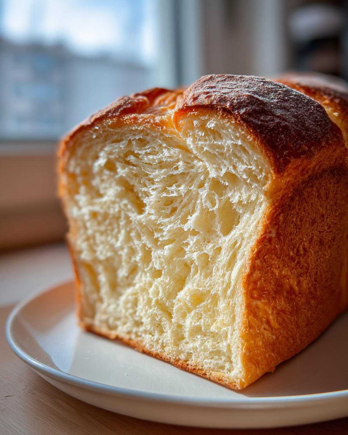 Close-up of a freshly baked loaf of low-calorie bread showing its soft, airy crumb structure.