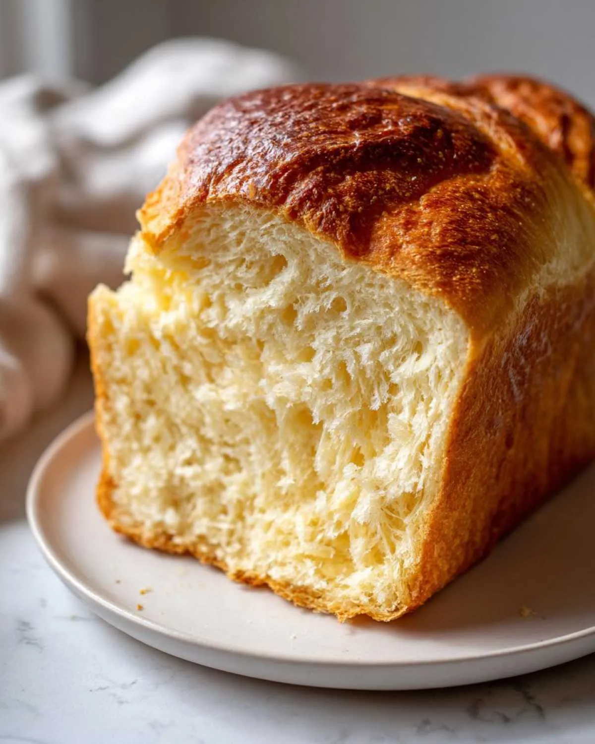 Close-up of a freshly baked, soft, and fluffy loaf of bread with a golden-brown crust.