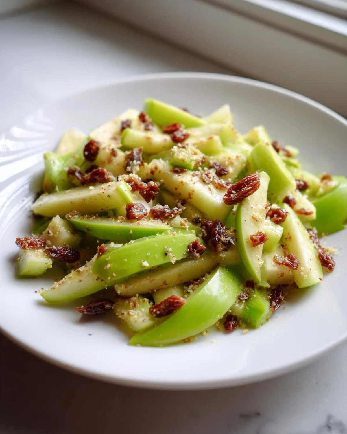 Close-up of a bright celery salad featuring green apple slices, dark raisins, and a light crumbly topping.