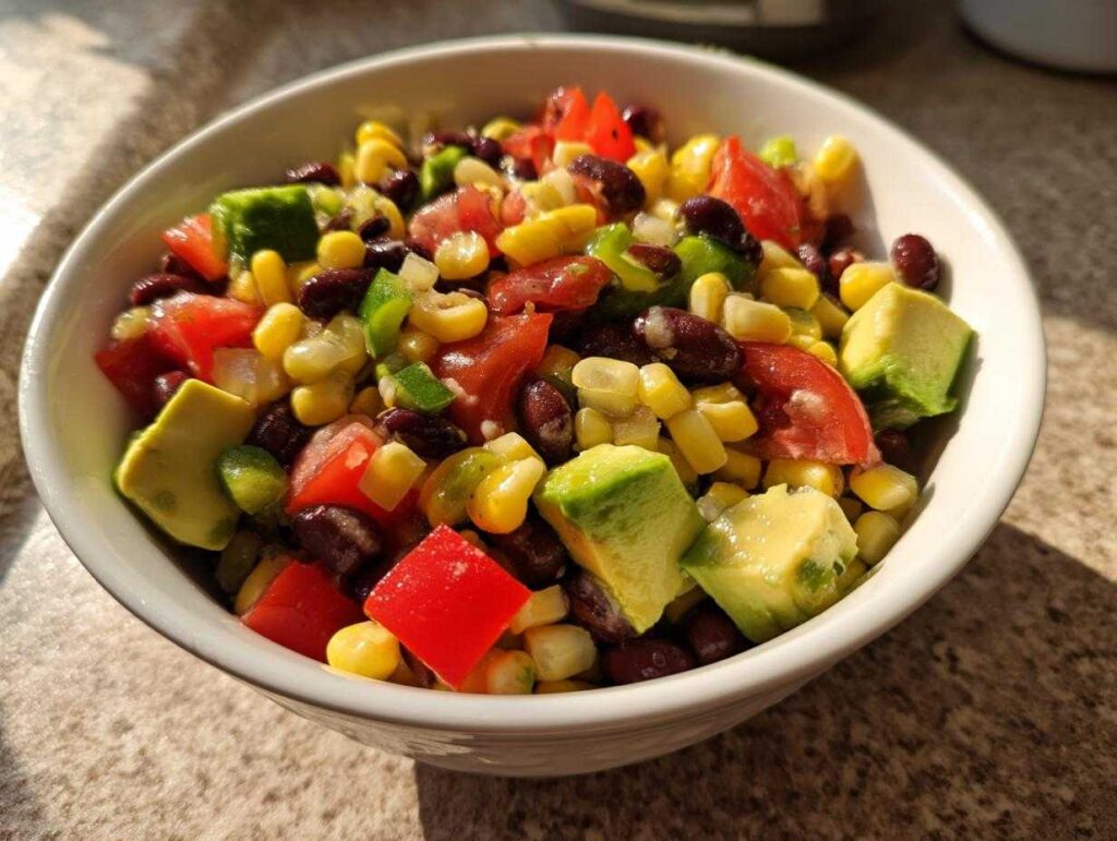Close-up of a white bowl filled with fresh cowboy caviar recipe ingredients: corn, black beans, avocado, and tomatoes.