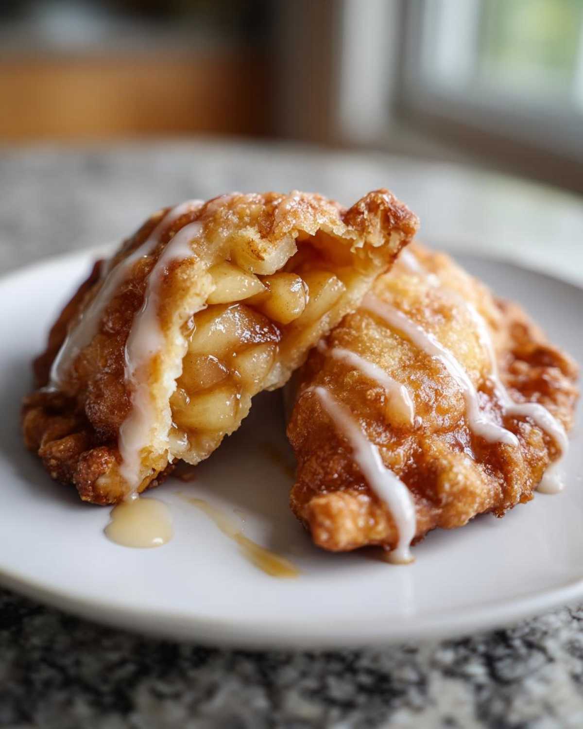 Two halves of a golden brown fried apple pies, showing the spiced apple filling and drizzled with white glaze.