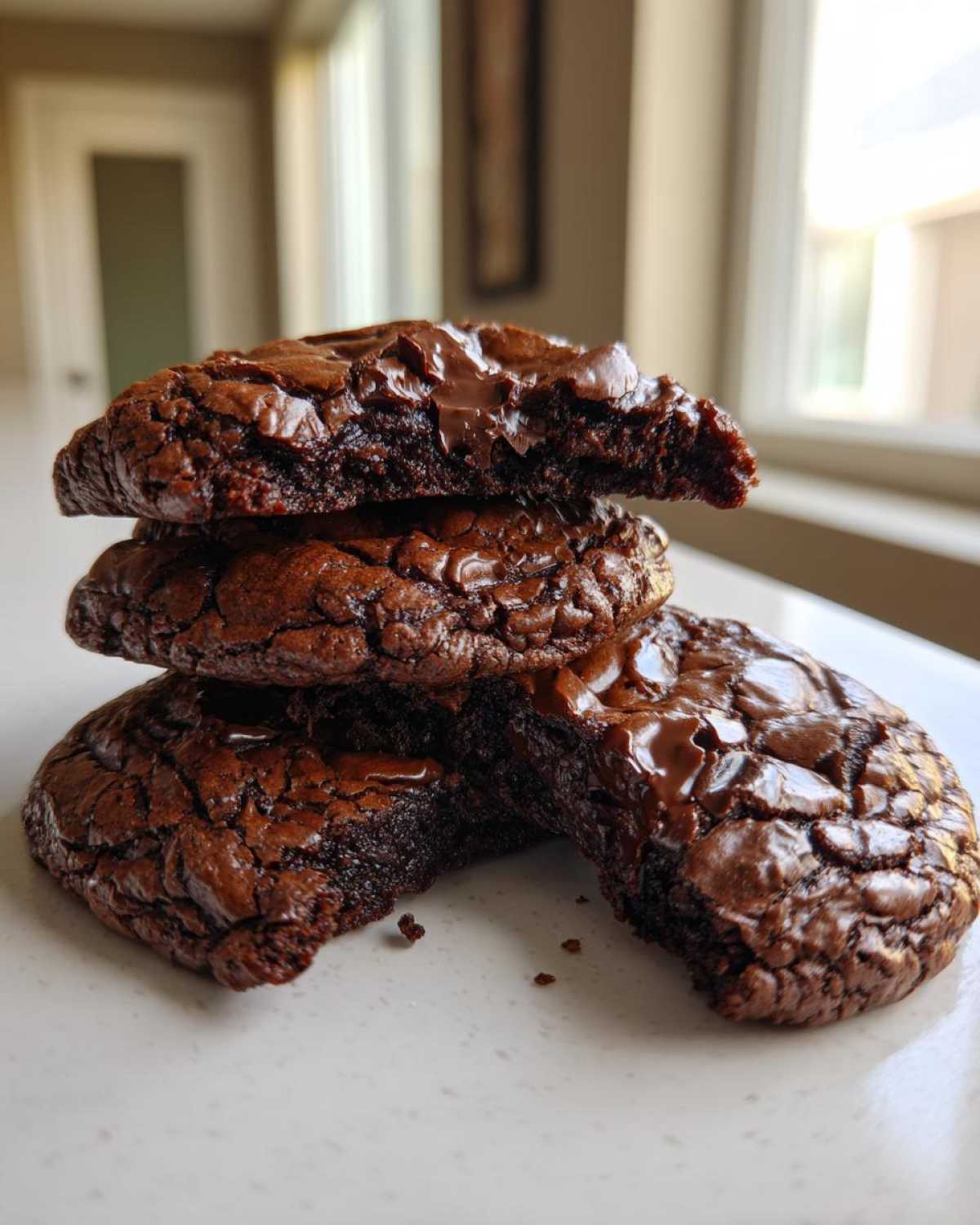 A stack of three fudgy brownie cookies, one broken open to show the gooey center and melted chocolate chips.
