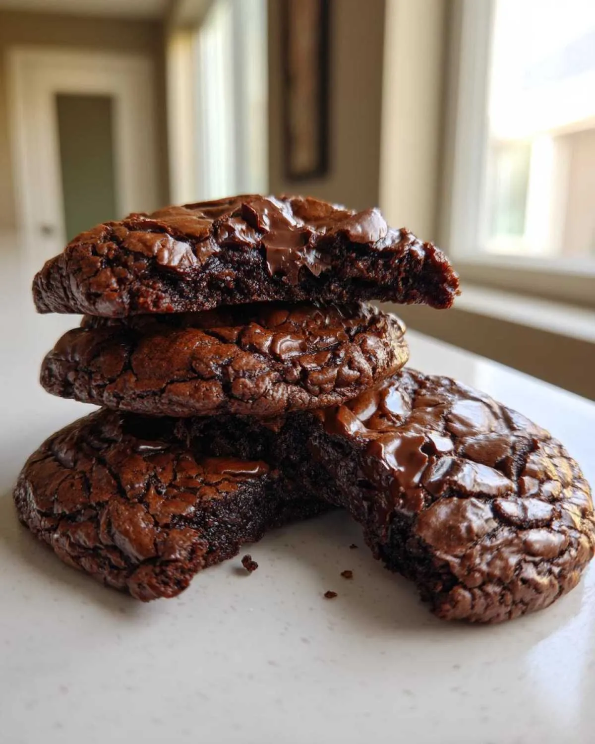 A stack of three fudgy brownie cookies, one broken open to show the gooey center and melted chocolate chips.