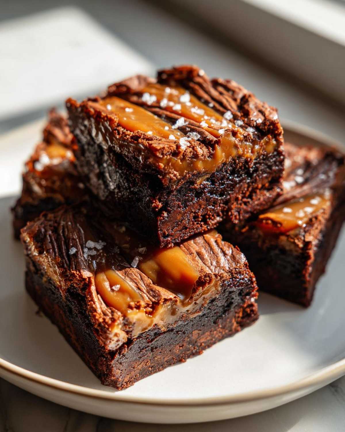Close-up of fudgy caramel brownies stacked on a plate, drizzled with caramel and sprinkled with sea salt.
