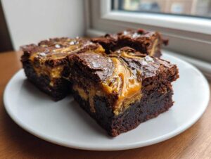 Three fudgy caramel brownies swirled with gooey caramel and sprinkled with sea salt on a white plate.