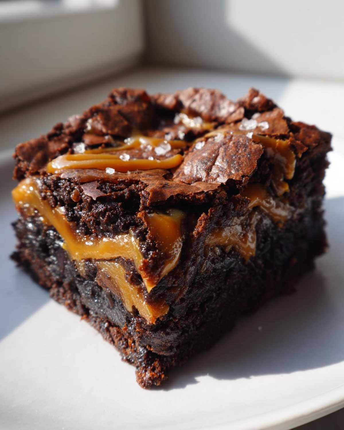 Close-up of a fudgy caramel brownie square drizzled with caramel and sprinkled with sea salt.