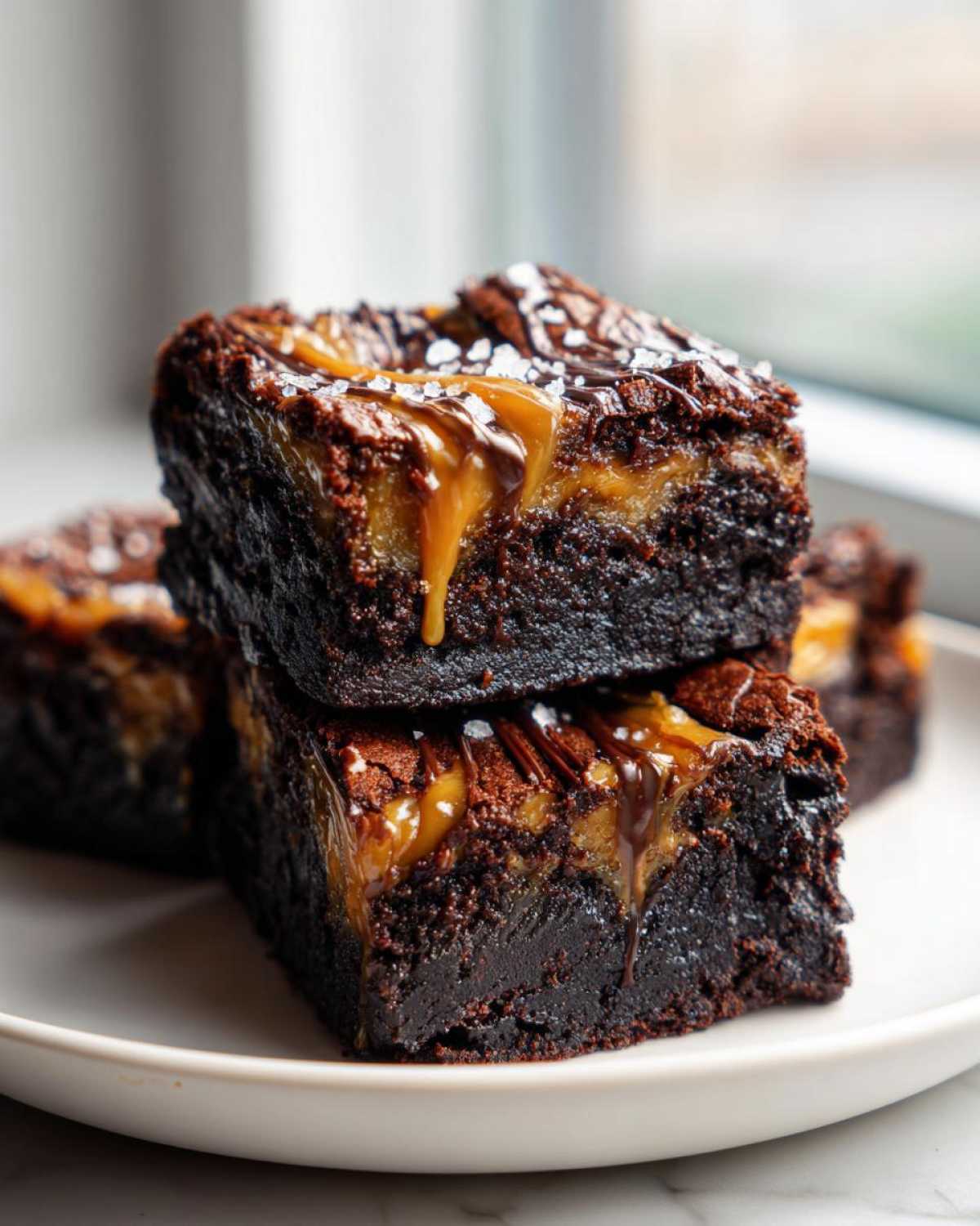 Close-up of stacked, fudgy caramel brownies drizzled with chocolate and sprinkled with sea salt.
