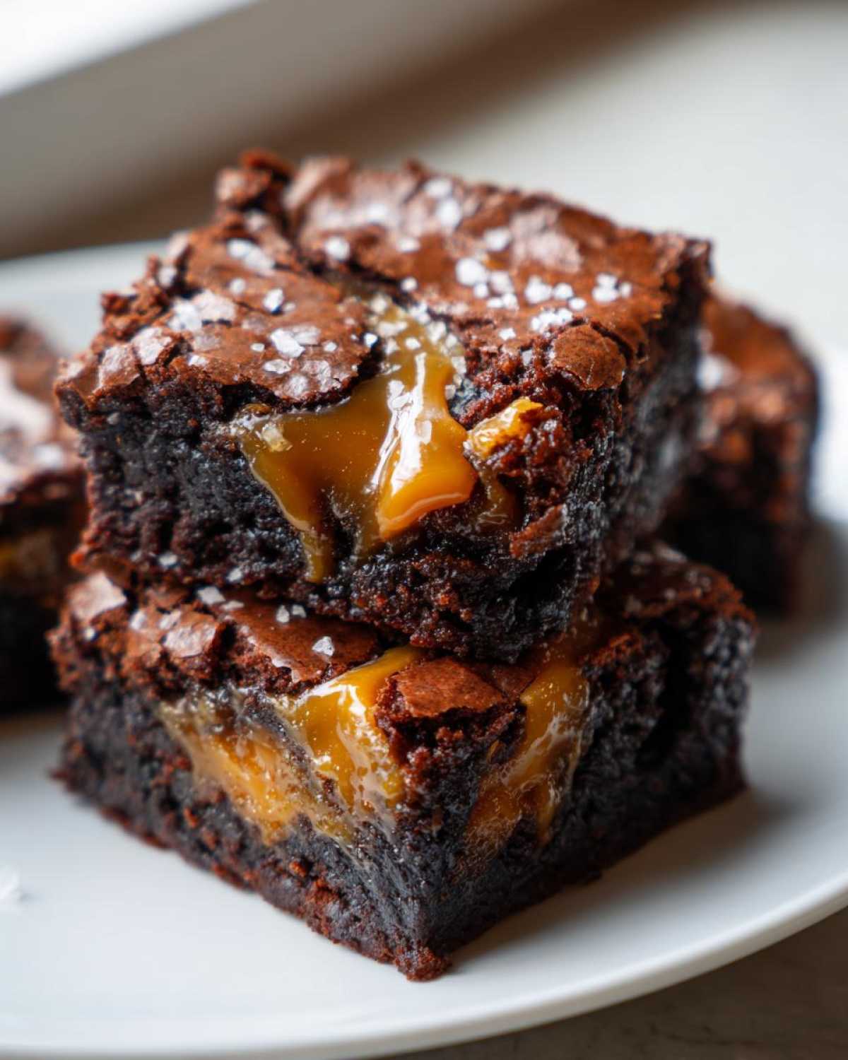 Close-up of two stacked, fudgy caramel brownies oozing with golden caramel and topped with flaky sea salt.