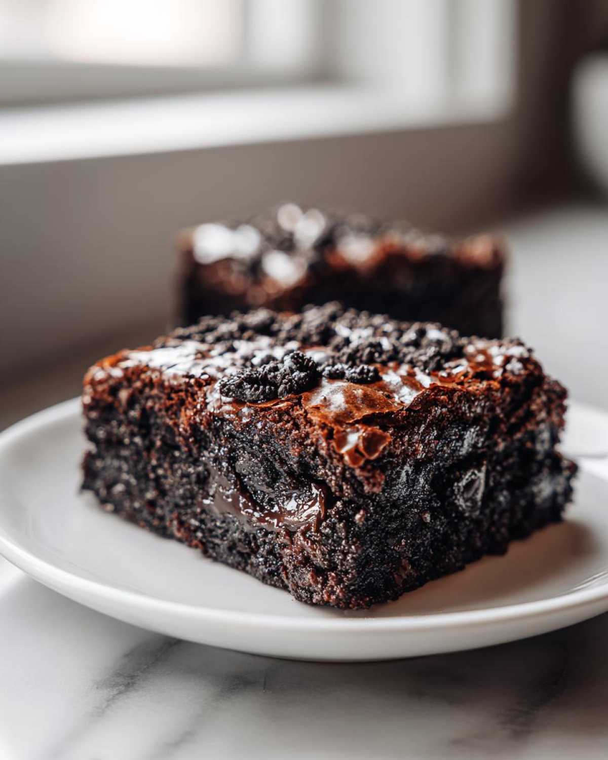 Close-up of a fudgy square of oreo brownies topped with crushed cookies, sitting on a white plate.