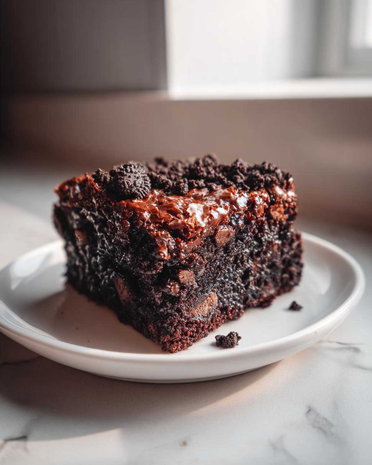 A rich, fudgy slice of oreo brownies topped with melted chocolate glaze and cookie crumbs.