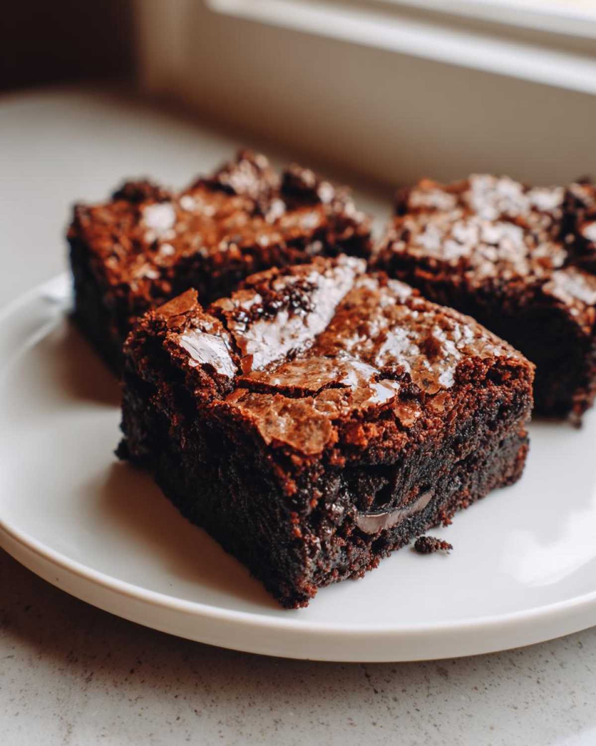 Three rich, fudgy oreo brownies with a shiny, crackly top served on a white plate.