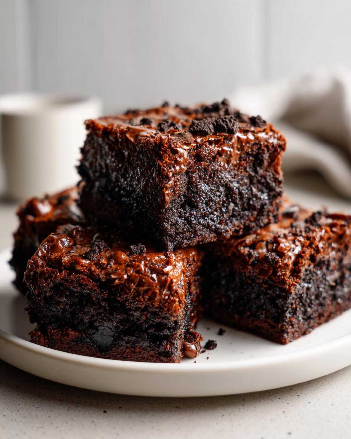 Close-up of stacked, fudgy oreo brownies topped with melted chocolate and cookie crumbs.