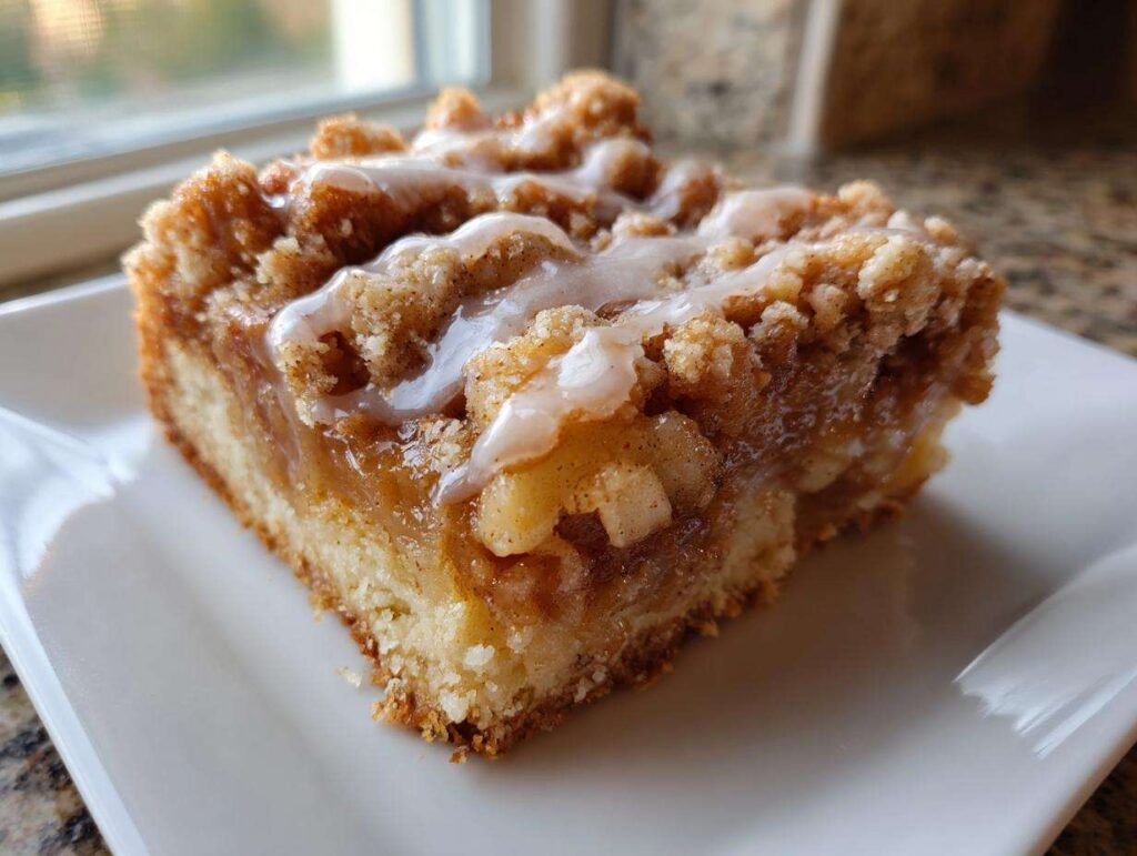 Close-up of a single serving of apple pie bars with a thick apple filling, crumb topping, and vanilla glaze.