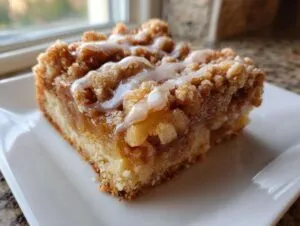 Close-up of a single serving of apple pie bars with a thick apple filling, crumb topping, and vanilla glaze.