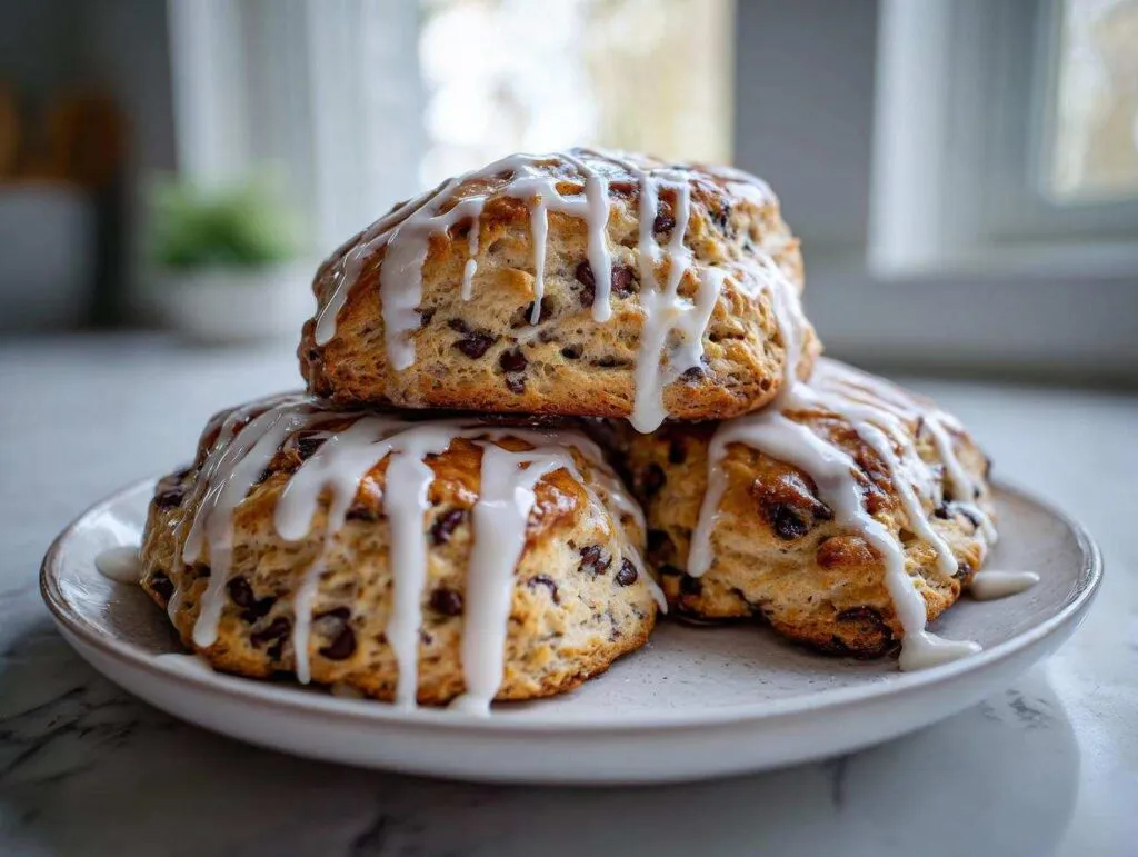 Three freshly baked chocolate chip scones drizzled generously with white vanilla glaze, stacked on a small plate.