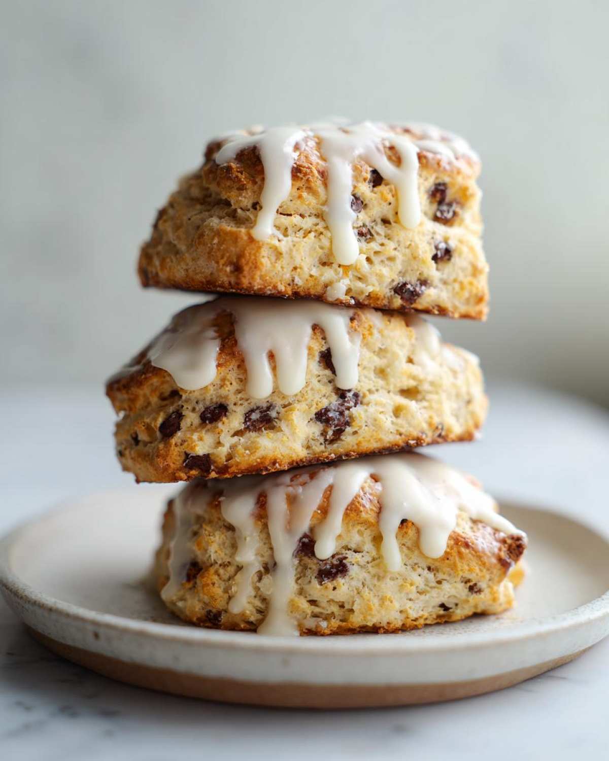 Three freshly baked chocolate chip scones stacked vertically and drizzled with white vanilla glaze.