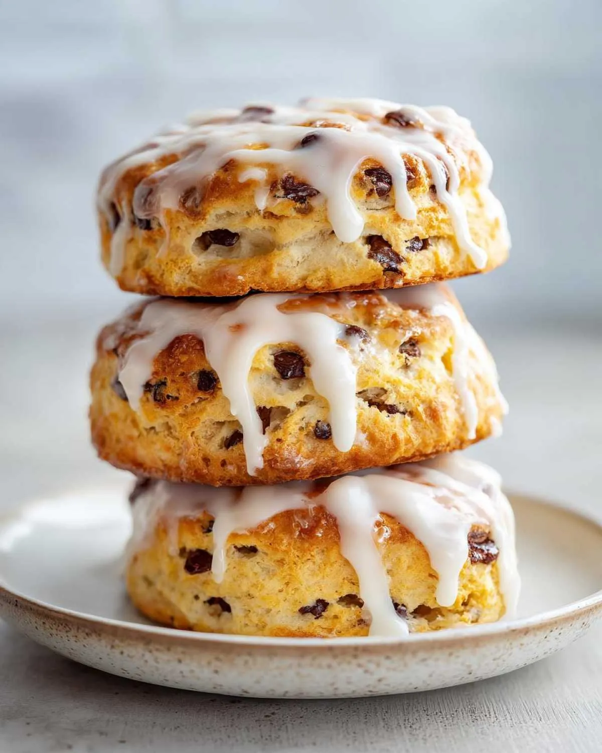 Three delicious chocolate chip scones stacked and drizzled with white icing.