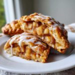 Close-up of fried apple pies cut in half, showing chunky cinnamon apple filling and white glaze.