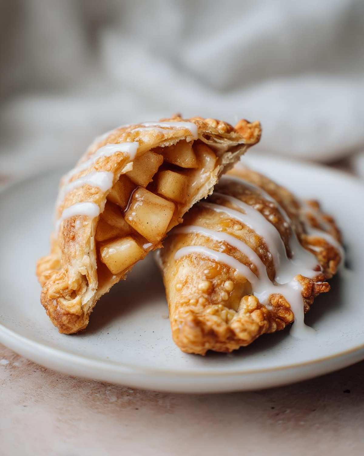 Two halves of a golden brown fried apple pies, showing chunky apple filling and drizzled with white icing.