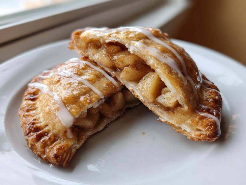 Two halves of a golden brown fried apple pies, showing warm cinnamon apple filling and white glaze.