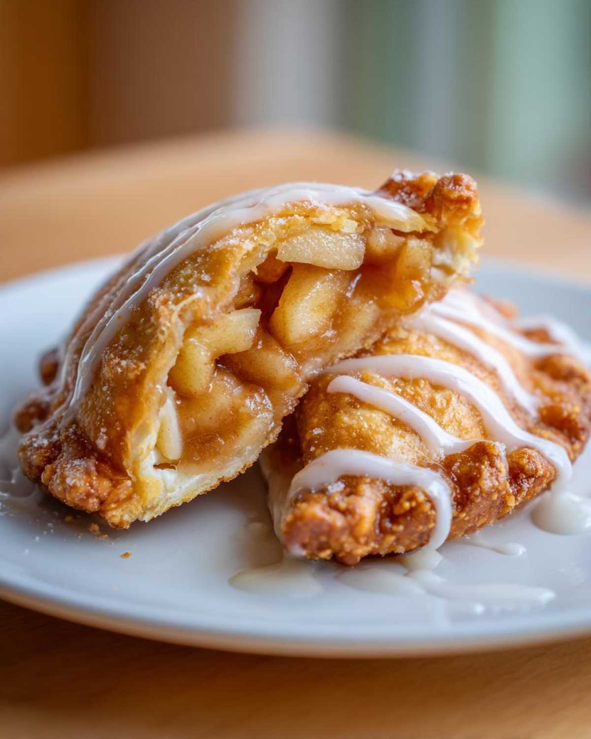 Close-up of two halves of a fried apple pie, showing the chunky apple filling and white glaze drizzle.