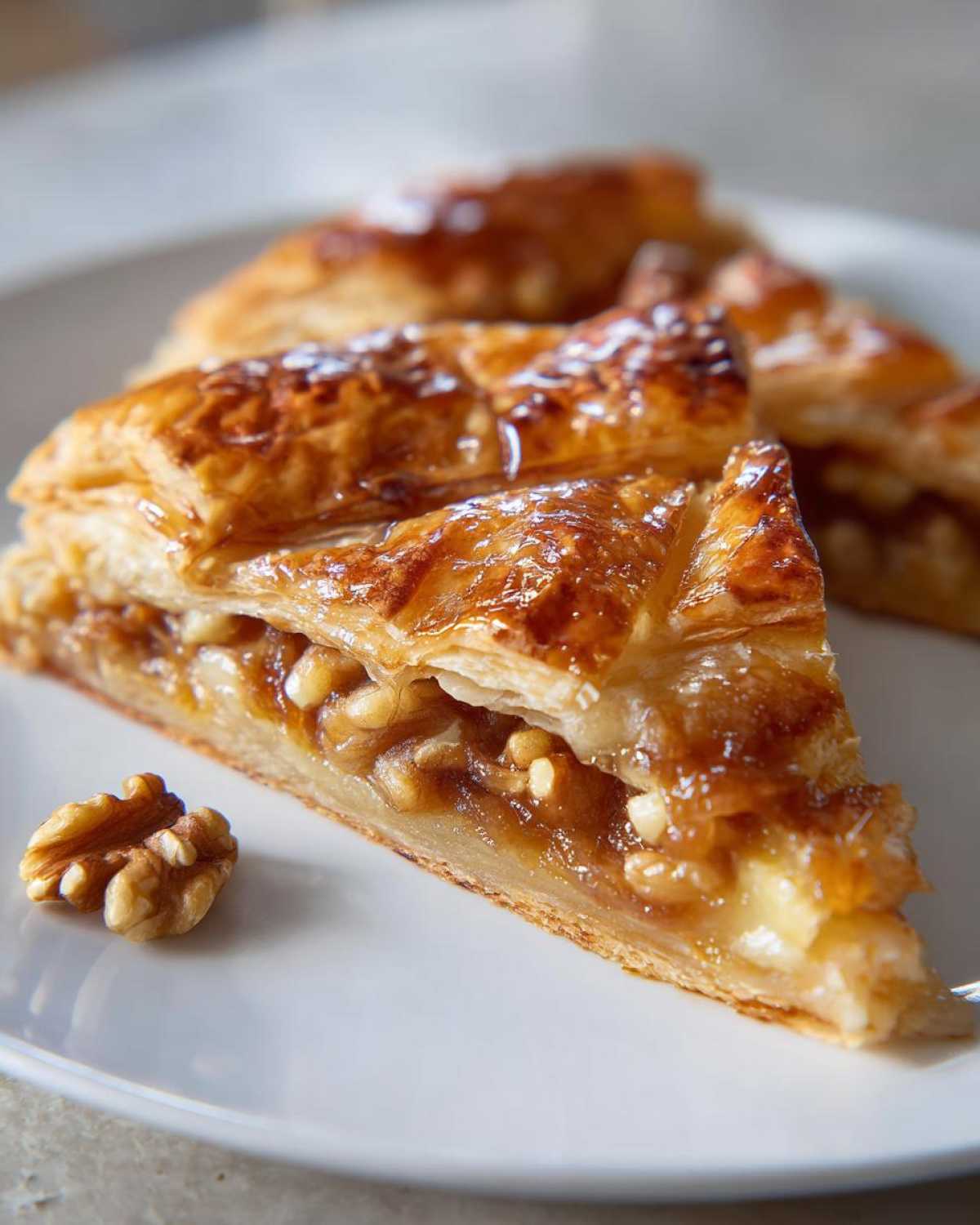Close-up of a slice of glazed pastry with walnuts, often served alongside baked brie.