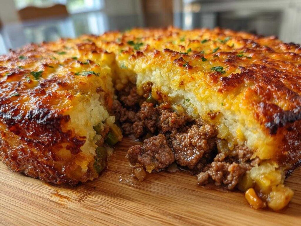 Close-up of a homemade cottage pie recipe with a thick, golden-brown mashed potato crust cut open to show the savory ground beef filling.