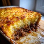 Close-up of a freshly baked cottage pie recipe with a thick, golden, crispy mashed potato topping over rich meat filling.