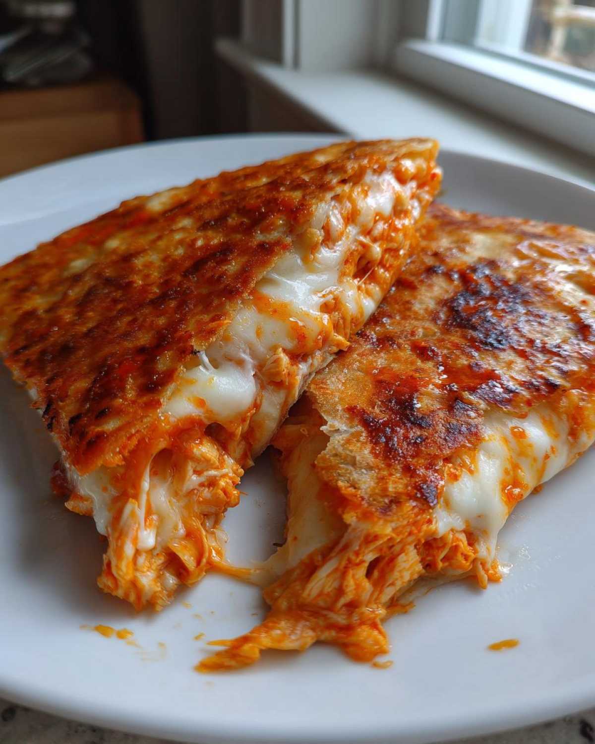 Close-up of a gooey buffalo chicken quesadilla cut in half, showing melted cheese and shredded chicken filling.