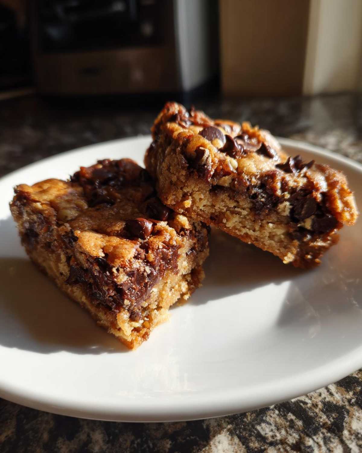 Two rich, gooey chocolate chip cookie bars sitting on a white plate, highlighted by natural sunlight.