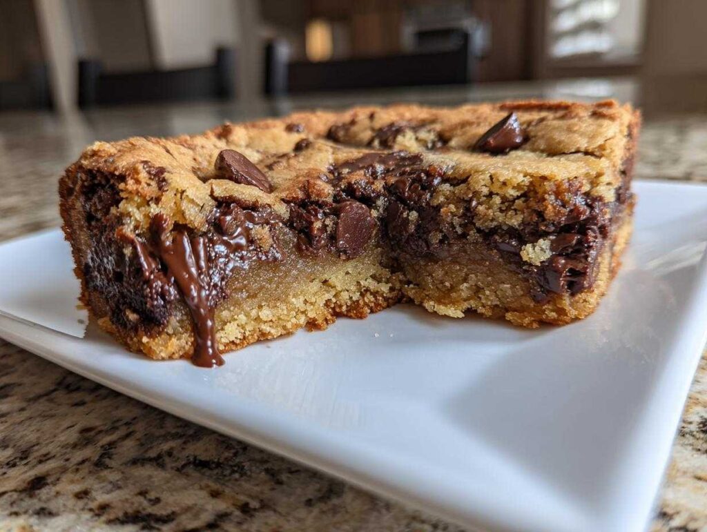 Close-up of a thick, gooey chocolate chip cookie bar showing melted chocolate oozing out.
