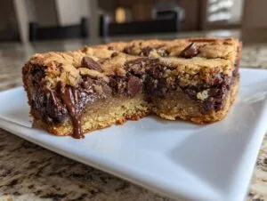 Close-up of a thick, gooey chocolate chip cookie bar showing melted chocolate oozing out.