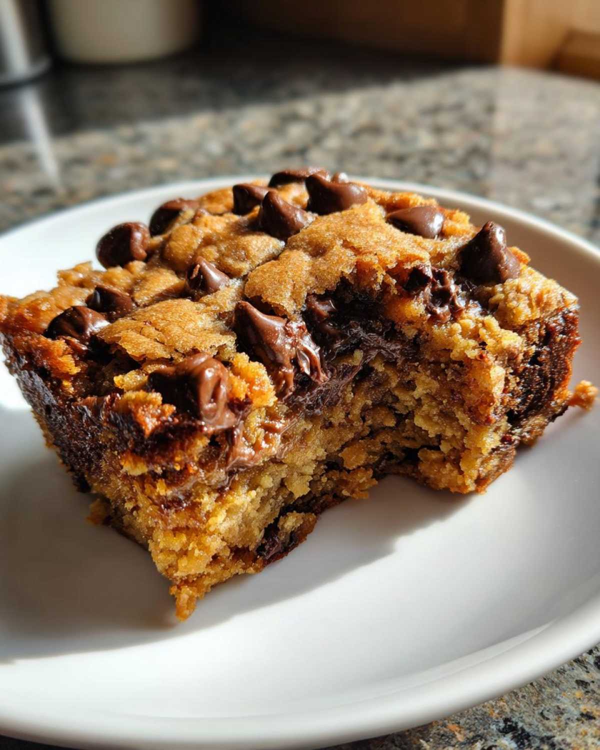 Close-up of a gooey, fudgy chocolate chip cookie bars square with a bite taken out, served on a white plate.