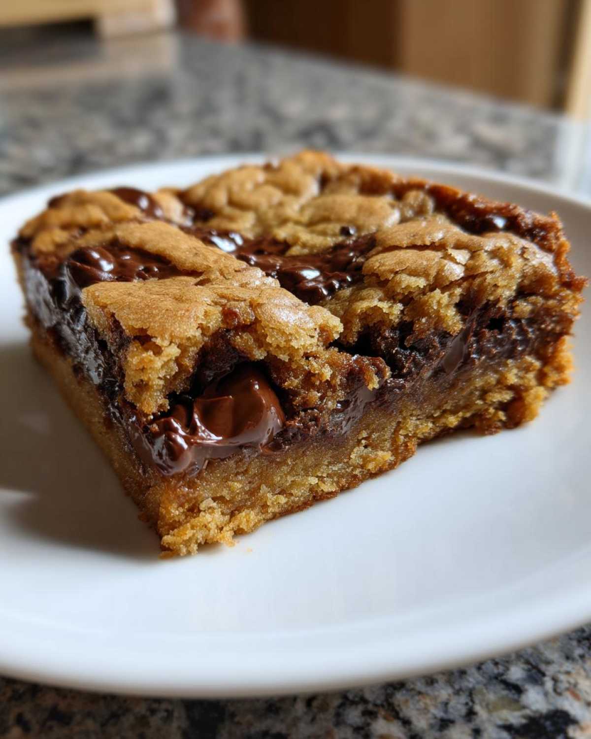 A single, thick square of gooey chocolate chip cookie bars served on a white plate.